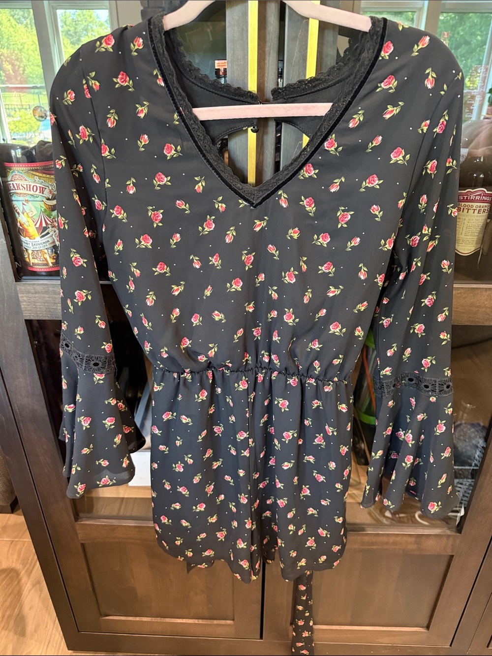 Disney Black Floral V-Neck Romper with Pink Rose Print
